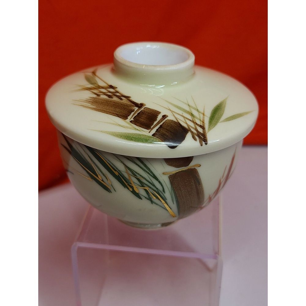 Antique Chinese Lidded TEA BOWL Teacup Rice Bowl Hand Painted BAMBOO GOLD GILT‎